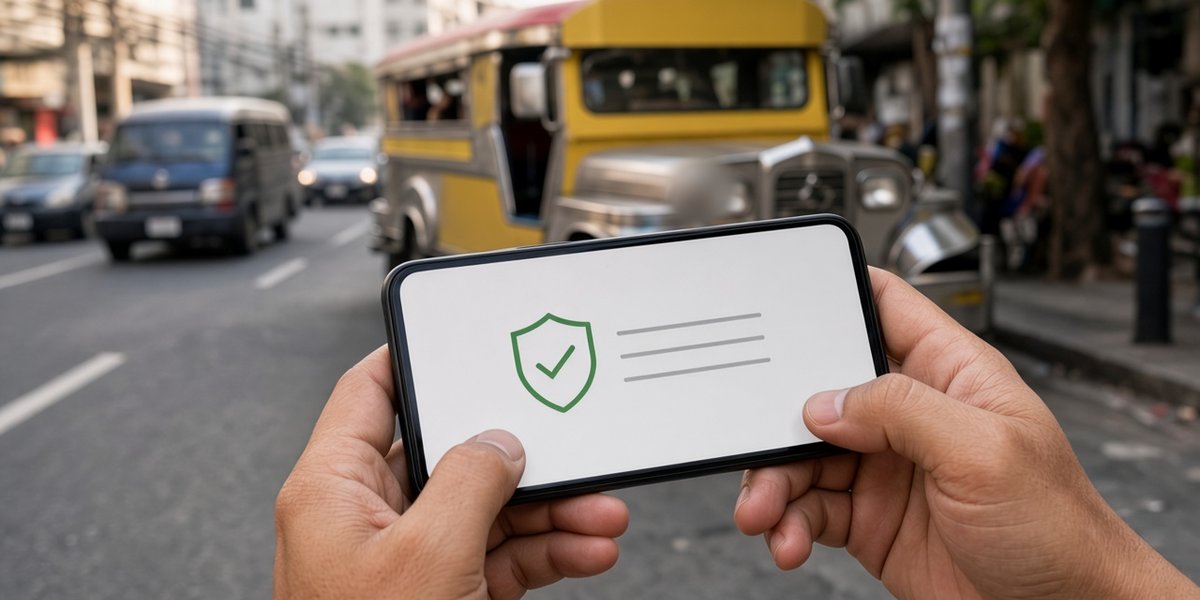 Hands holding a phone showing a simple checklist screen on a Manila street.