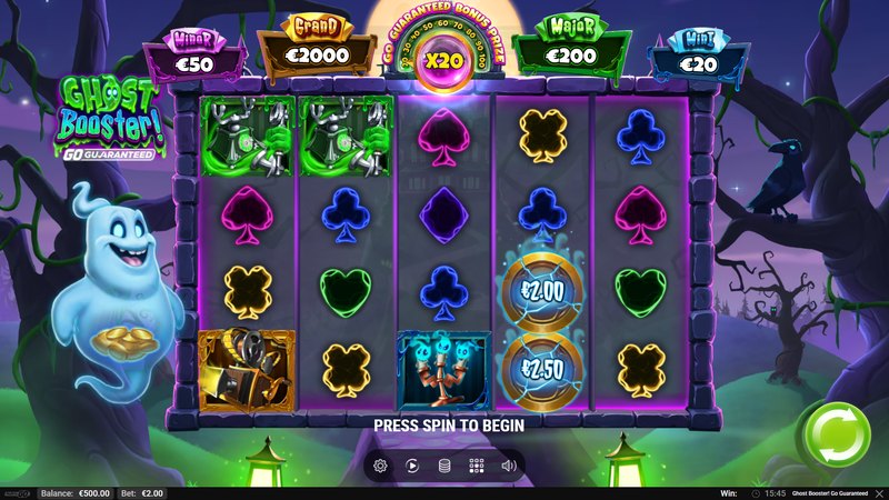 Play’n GO key art for Ghost Booster! GO Guaranteed — Wispy the Ghost beside a haunted mansion and rolling hills