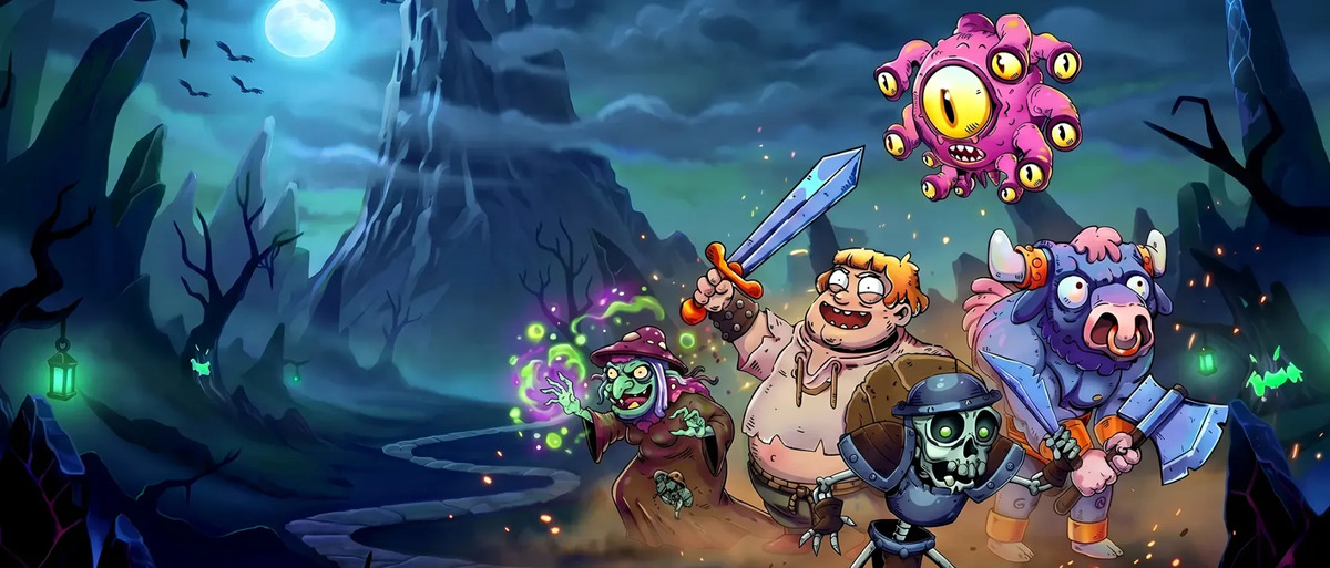 Tower Run Treasure Steps art: Bob raises a sword beside monsters on a moonlit path to the Treasure Tower.