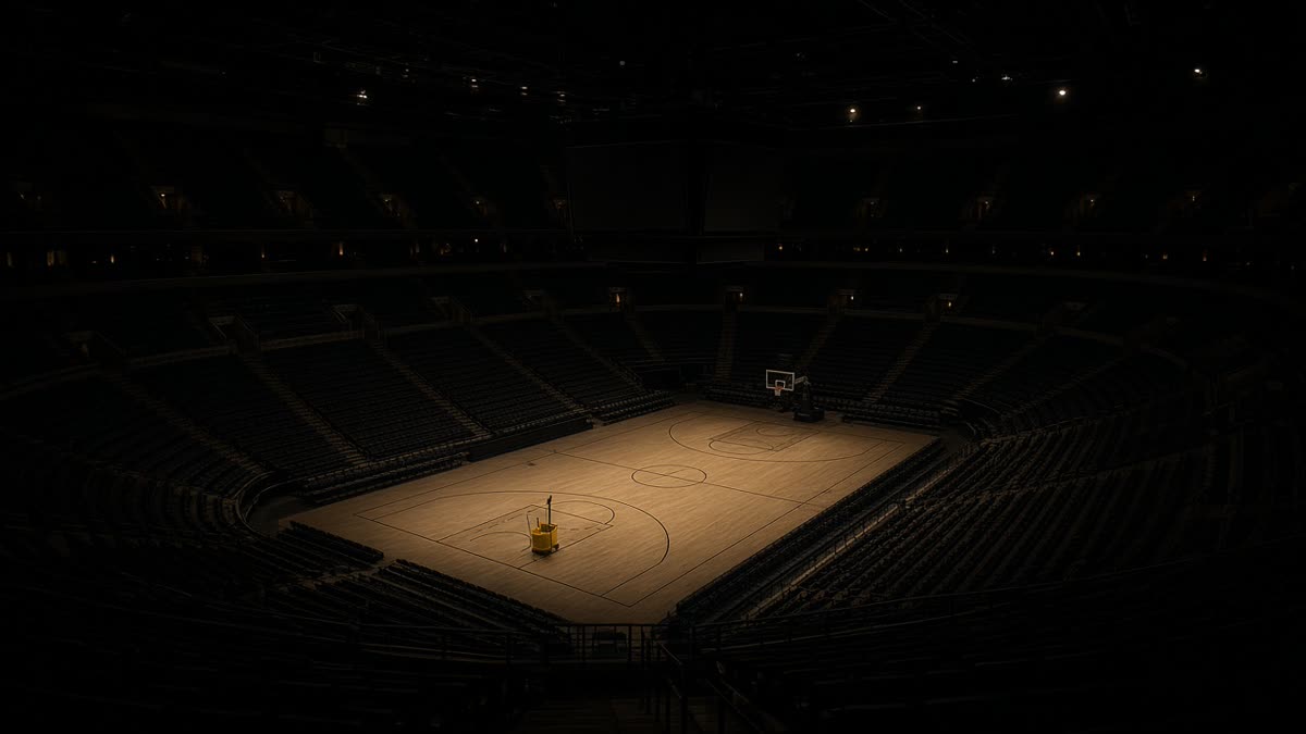 An empty basketball arena under dim work lights with the scoreboard switched off.