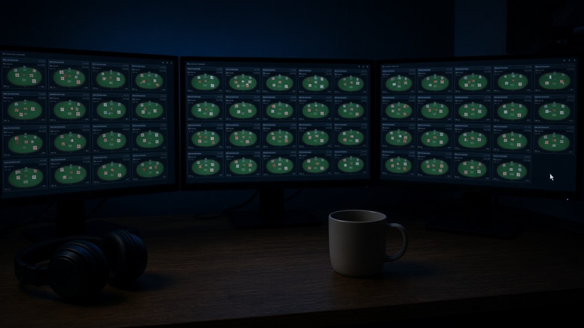 En arbejdsplads med flere skærme fyldt med onlinepokerborde om natten og en ekstra musemarkør på en af dem.