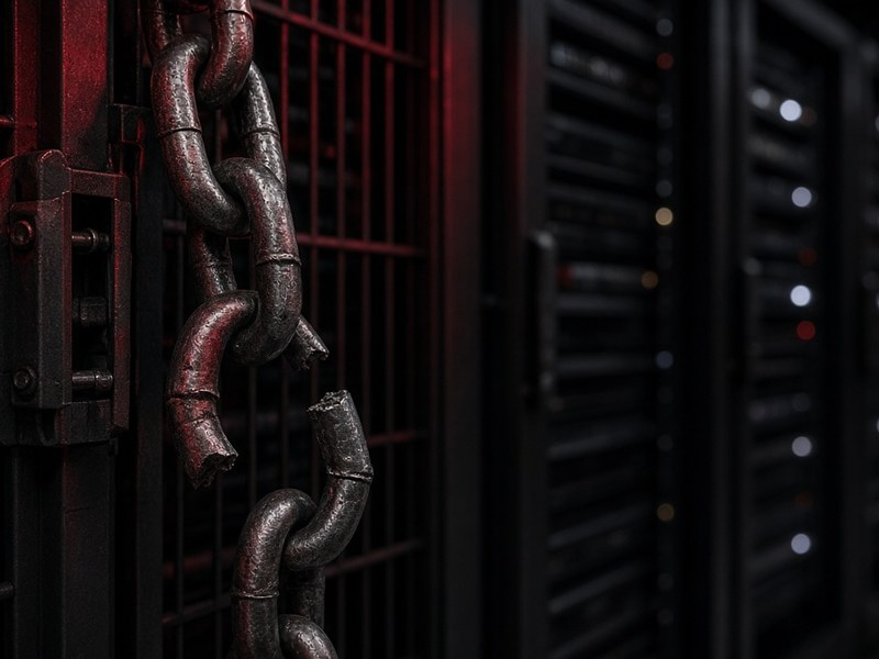 A heavy steel chain with one snapped link hangs from a locked cage door in a dark data centre aisle, with rows of server racks fading into the background under dim red light.