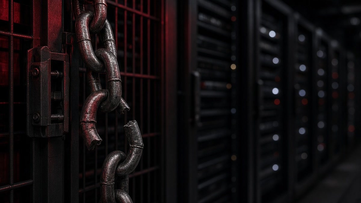 A heavy steel chain with one snapped link hangs from a locked cage door in a dark data centre aisle, with rows of server racks fading into the background under dim red light.