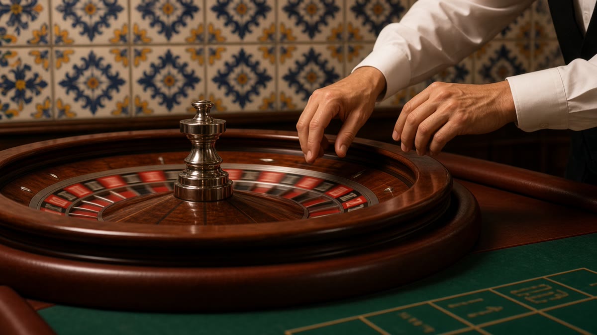 A dealer spinning a roulette wheel at a live casino table.