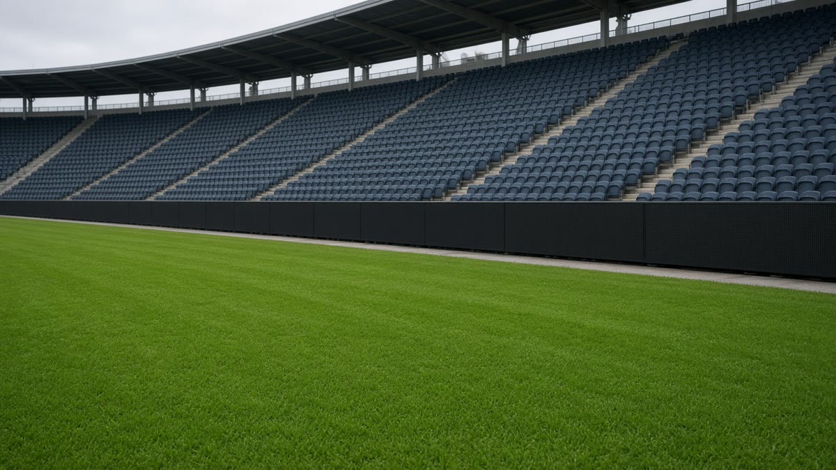 Slukkede LED-bander langs kanten af en fodboldbane på et tomt stadion.