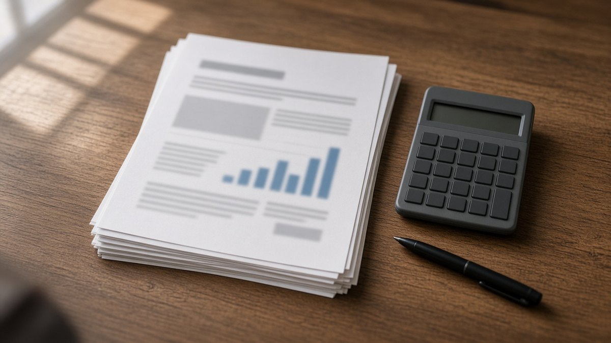 A printed quarterly results report on a desk beside a calculator and a pen.