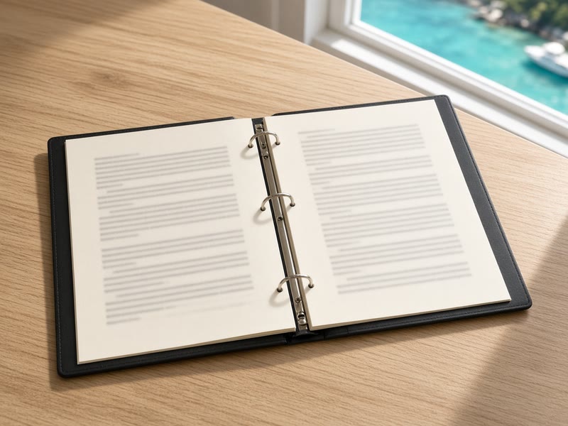 A printed draft law in a binder on a desk by a window overlooking a Caribbean harbour.