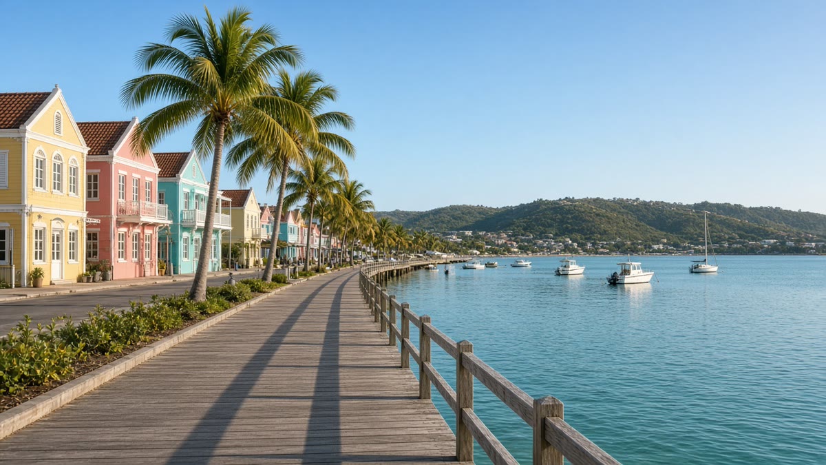 The Philipsburg waterfront on Great Bay, Sint Maarten, with the boardwalk and boats in the bay.