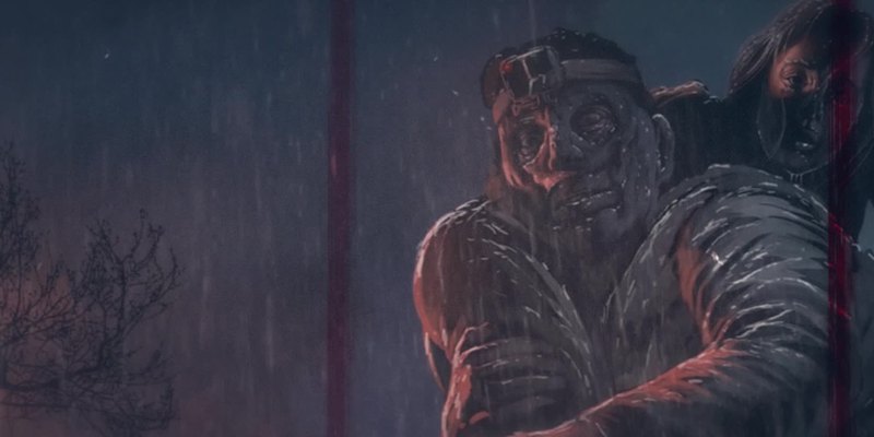 Nolimit City art for Six Feet Under: a rain-soaked figure carrying a second figure past a bare tree.
