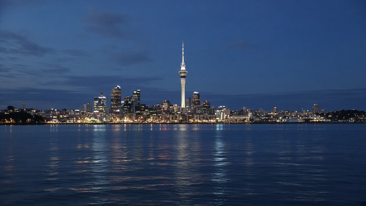 The Auckland skyline and Sky Tower at blue hour, seen across the harbour.
