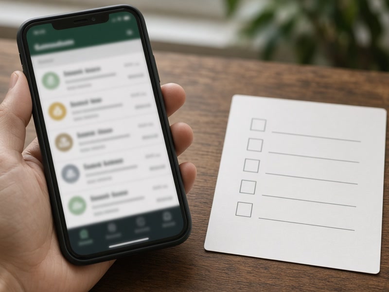 Phone showing a blurred betting market list beside a blank checklist