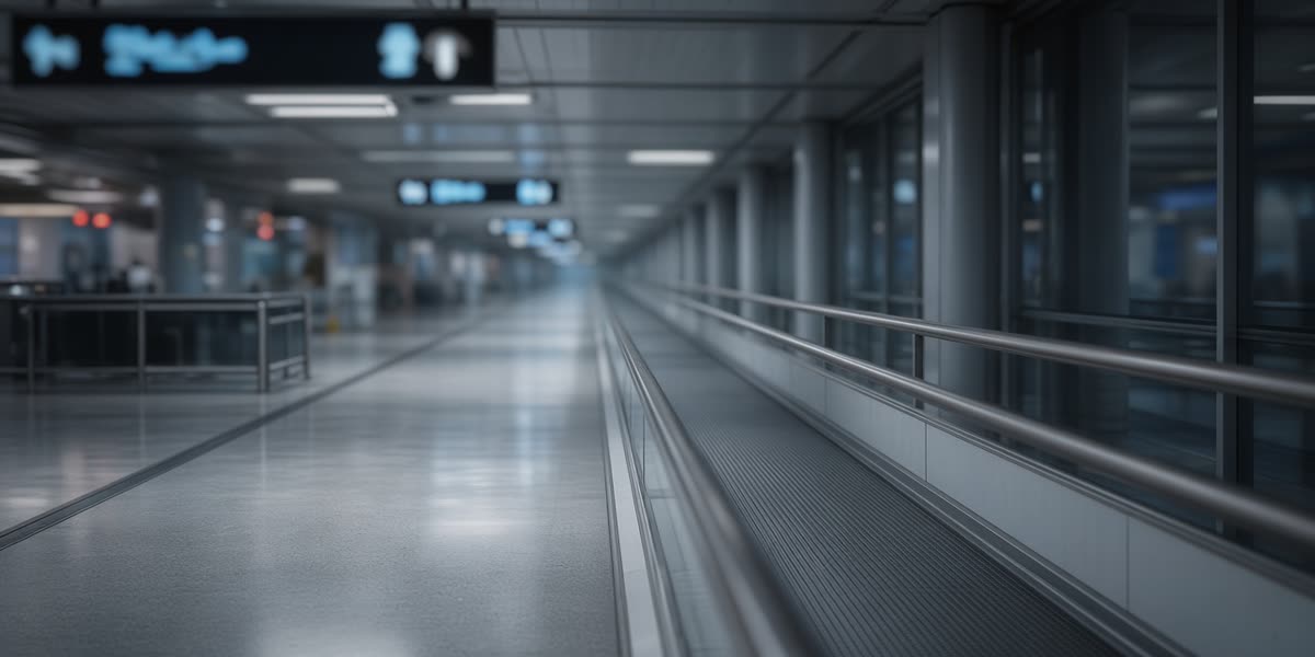 Empty airport arrivals corridor with a moving walkway under cool fluorescent light.
