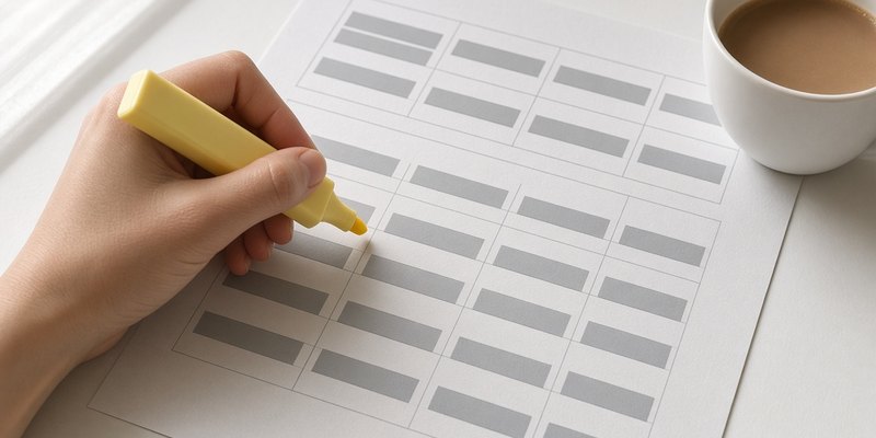A hand holding a highlighter over a printed page of tables.