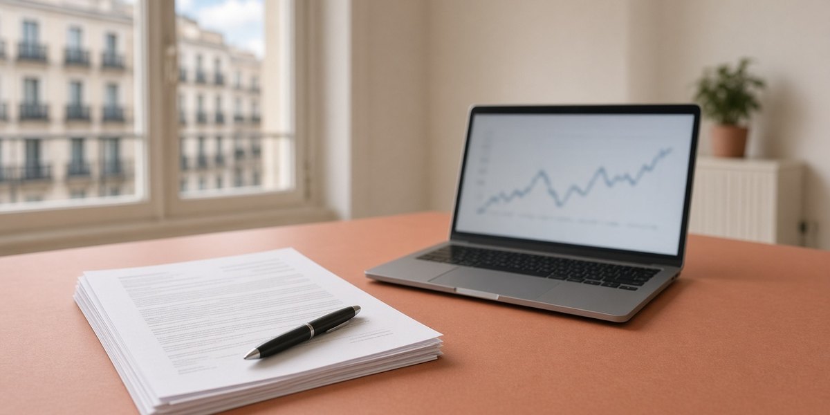 A meeting table with a printed document, a pen and a laptop showing a blurred line chart.