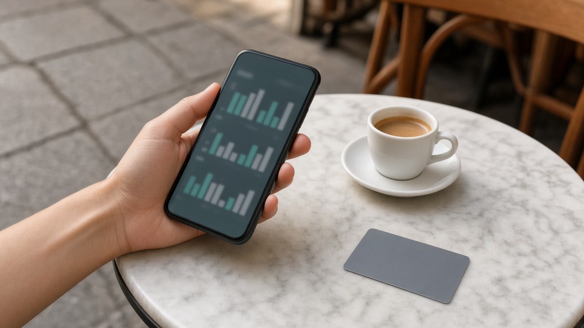 A hand holding a phone showing bar charts above a café table with an ID card and a coffee cup.