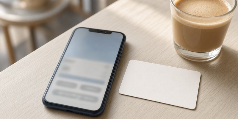 Smartphone with a blurred banking screen on a café table beside a coffee.