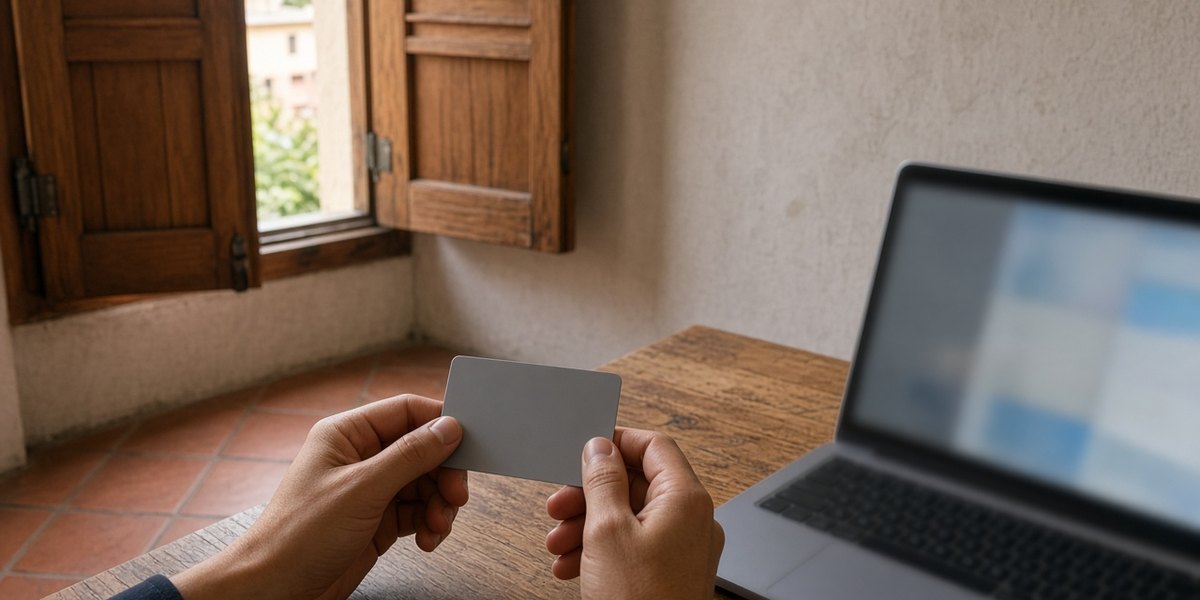 Hände halten eine schlichte Bankkarte neben einem Laptop mit unscharfem Verifizierungsbildschirm.