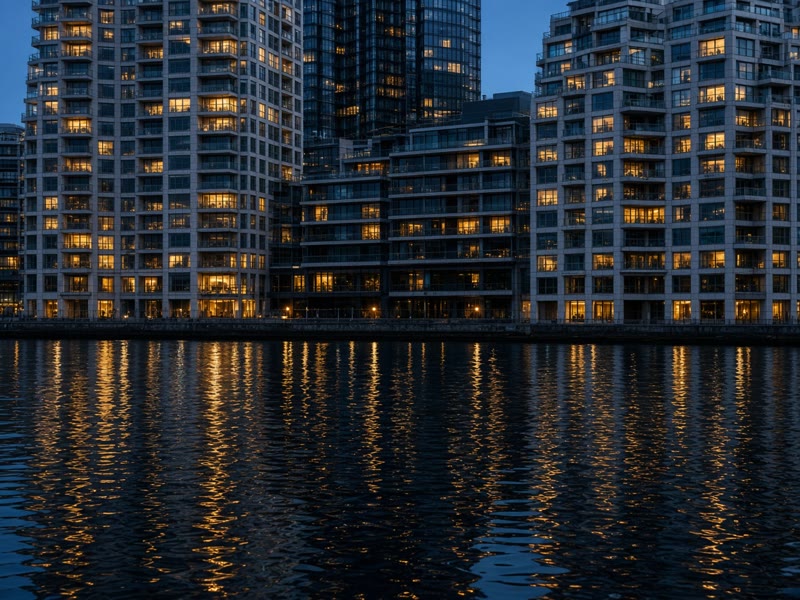 Lit waterfront buildings reflected in the harbour at blue hour.