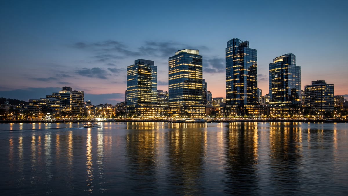 Waterfront high-rise buildings in Sydney lit up at dusk and reflected in the harbour.
