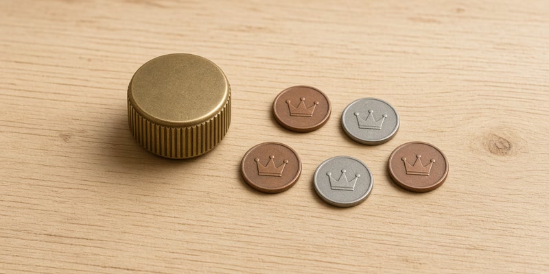 A mechanical dial turned to a low setting next to a few Swedish coins on a pine surface.