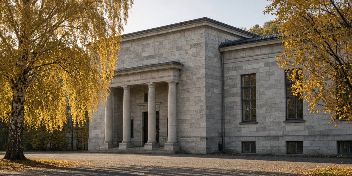 Ein steinernes Gerichtsgebäude hinter Birken mit gelbem Herbstlaub.