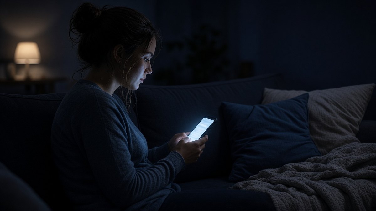 A person on a sofa in a dark room at night, looking at search results on a smartphone.