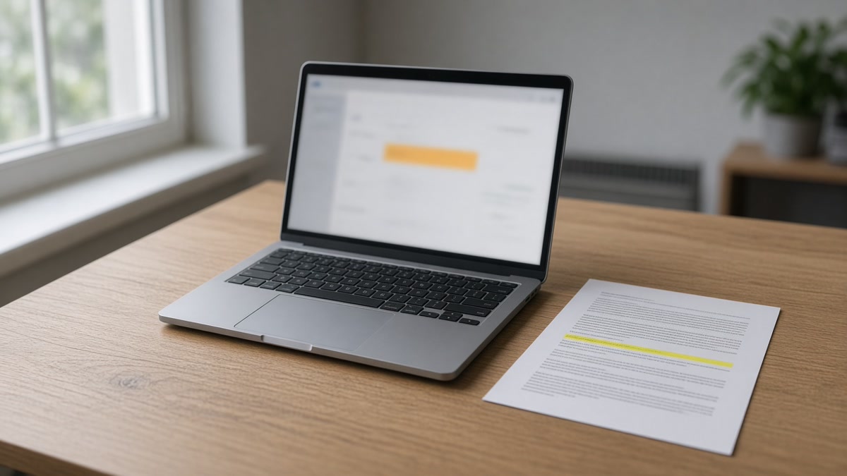 A laptop showing a pending account page next to a printed terms page with one highlighted line.