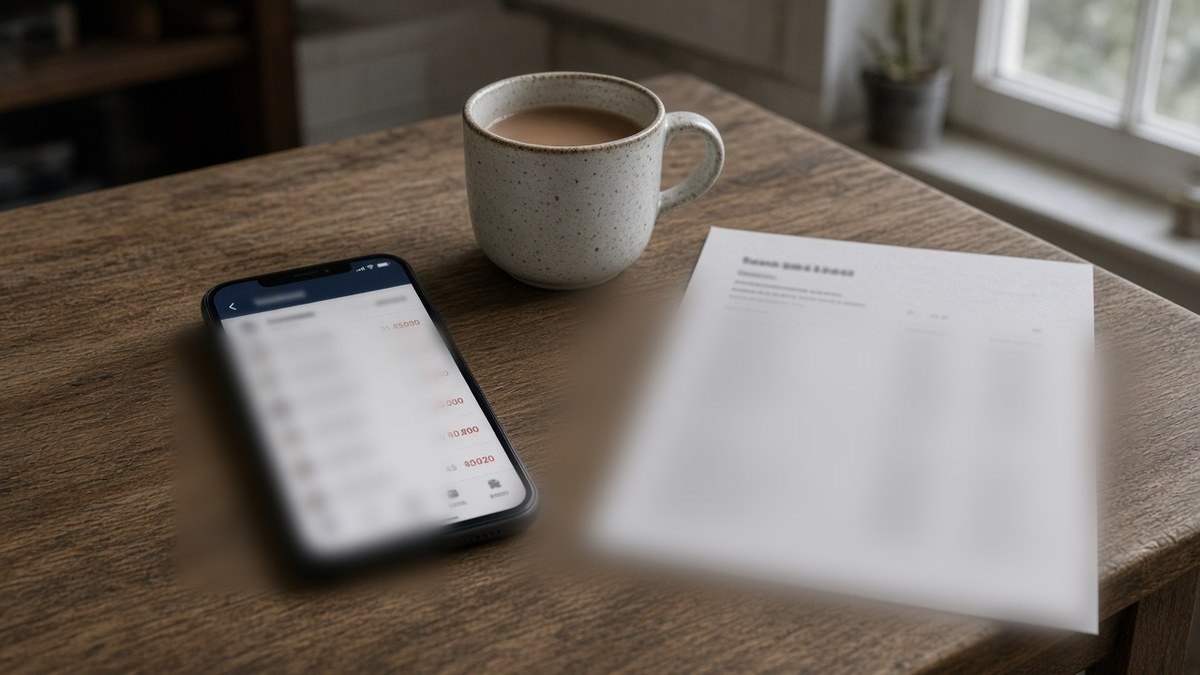 A phone showing a blurred bank transaction list on a kitchen table.