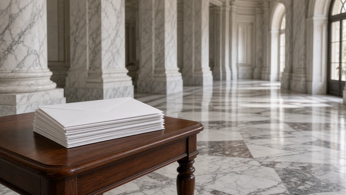 A stack of sealed white envelopes on a side table in a marble government corridor.