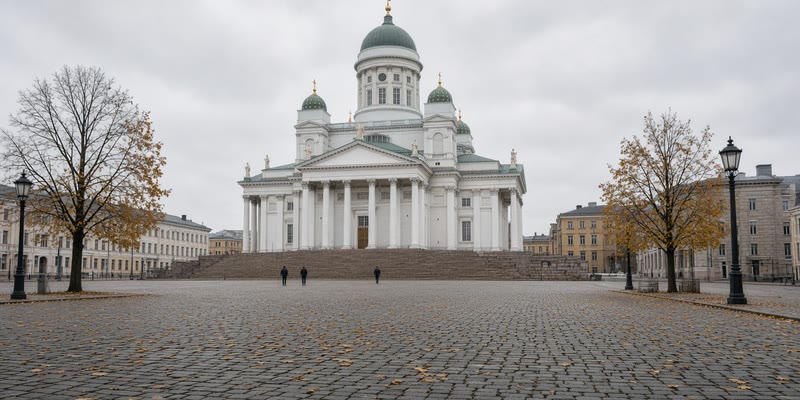 Helsinki's Senate Square and the white cathedral on a grey autumn morning.