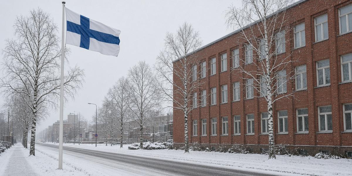 Drapeau finlandais devant un bâtiment public en brique rouge dans une rue enneigée.
