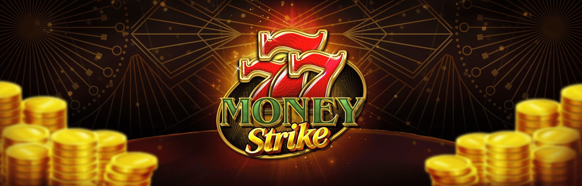 777 Money Strike official Red Tiger landscape key art — piggy bank, coins and title