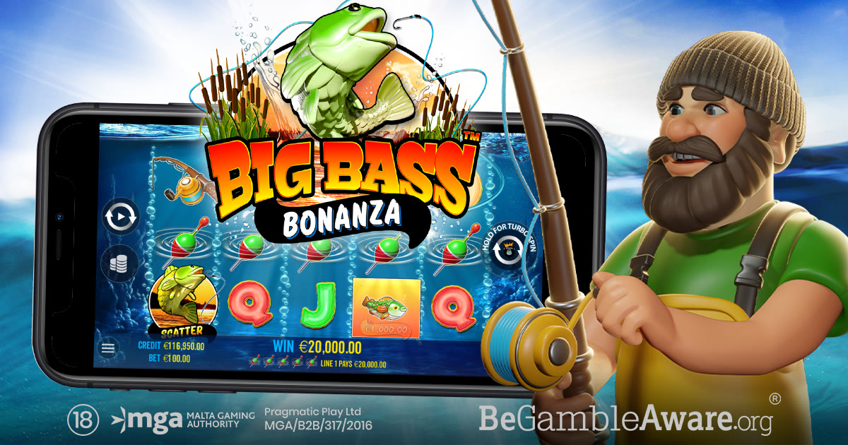 Official Pragmatic Play Big Bass Bonanza campaign banner with the fisherman