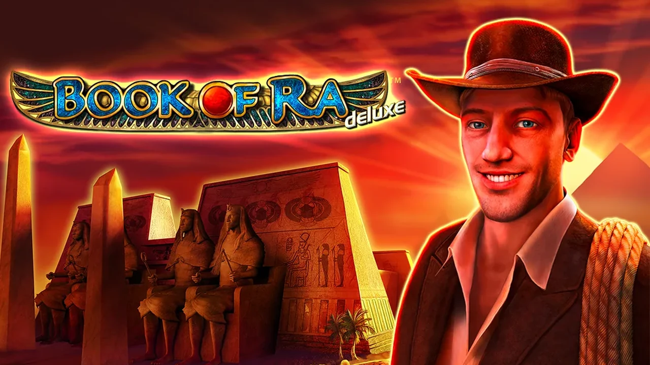 Book of Ra Deluxe slot artwork: explorer facing a golden scarab door in a torchlit Egyptian tomb, title at the top