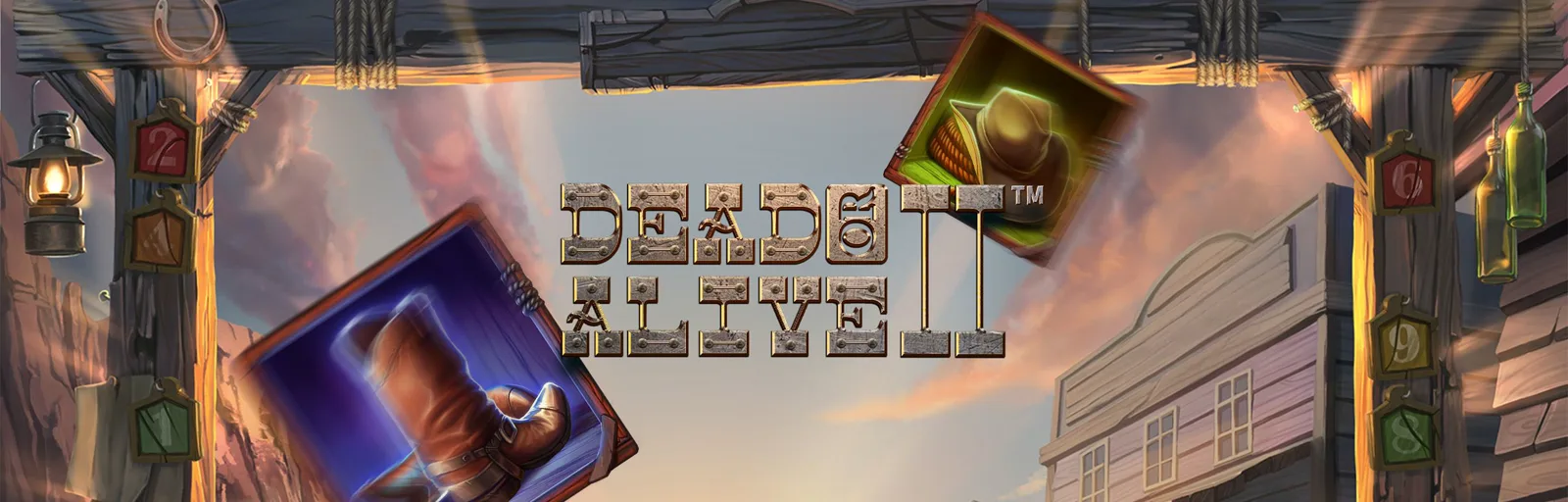 Dead or Alive 2 slot artwork: official NetEnt still of the western sticky-wild grid