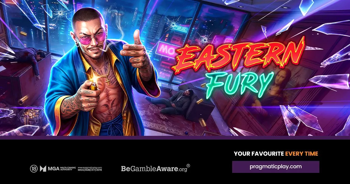 Eastern Fury slot artwork: tattooed gangster in a neon penthouse, gold coins, shattered glass, and the Eastern Fury title