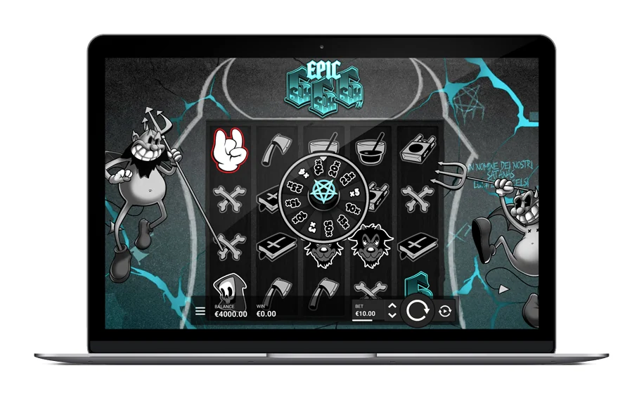 Officielt skærmbillede fra Hacksaw Gaming af Epic SixSixSix på en bærbar: et Wicked Wheel over hjulene, med en tegnet djævel på hver side