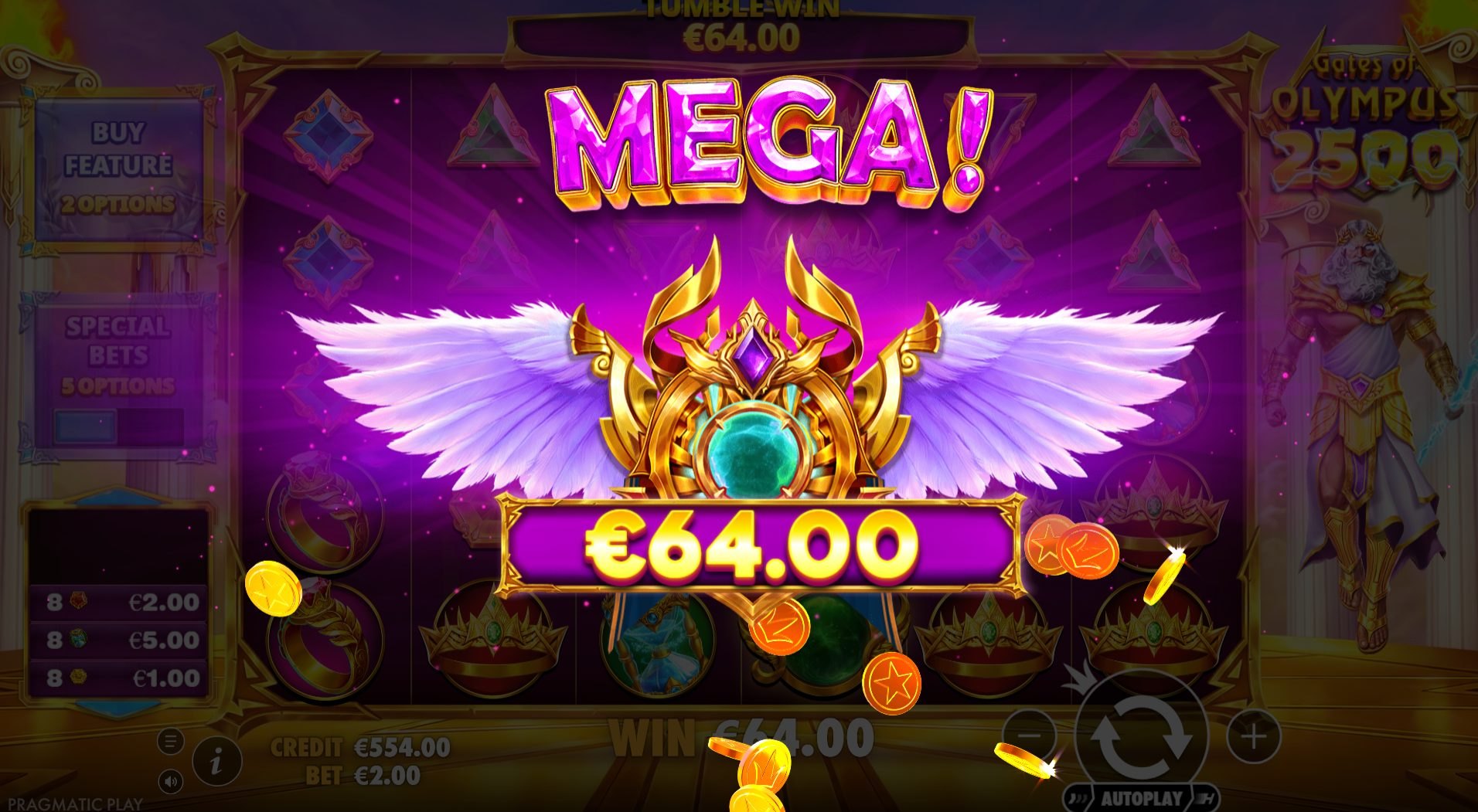 Official Pragmatic Play MEGA tumble-win still from Gates of Olympus 2500