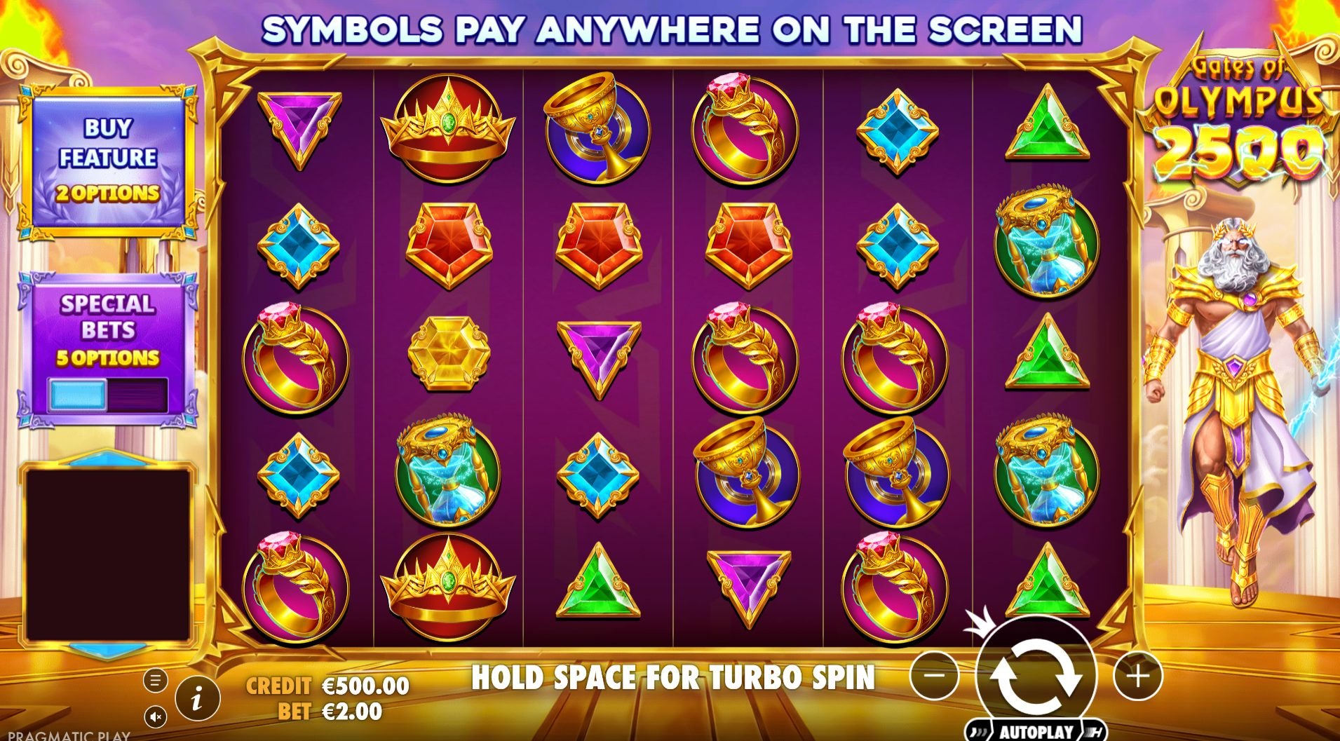 Official Pragmatic Play 6×5 Pay Anywhere reel still of Gates of Olympus 2500