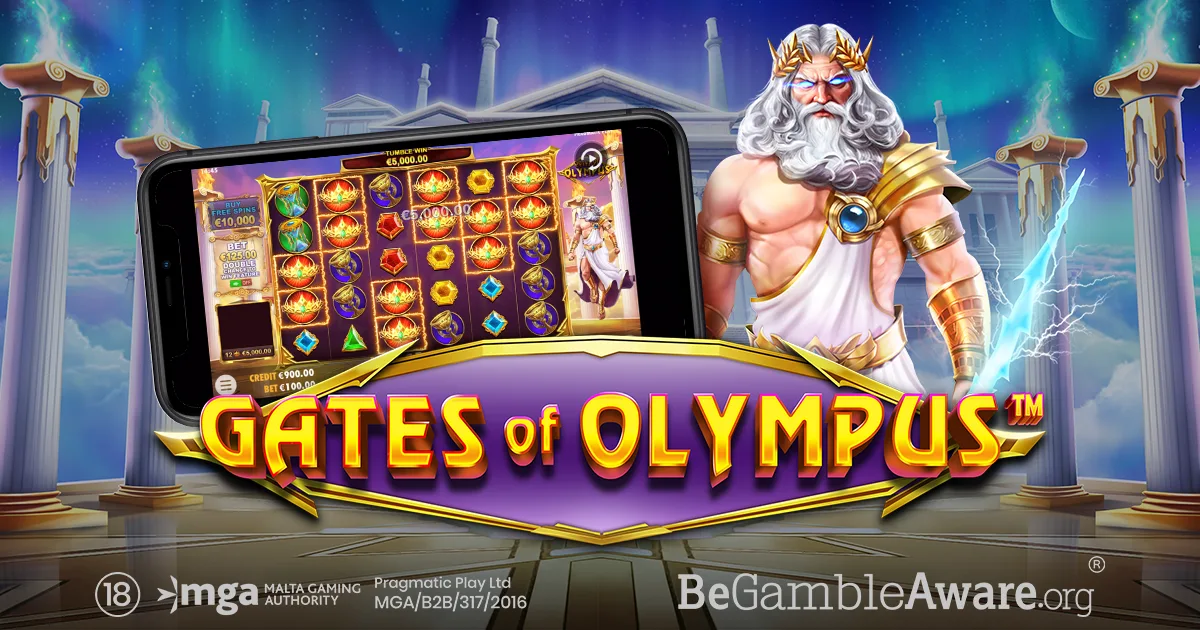 Gates of Olympus slot artwork: Zeus with lightning among pink clouds, temple ruins, and the Gates of Olympus title