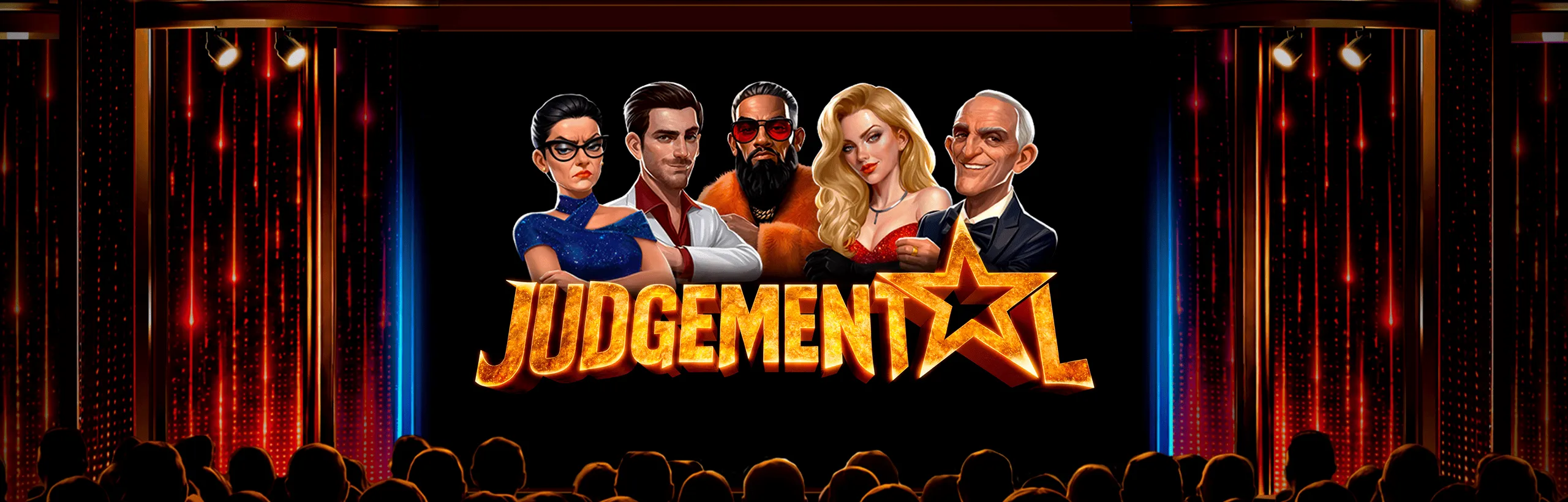 Judgemental slot artwork: five talent-show judges on a dark stage, gold Judgemental title with a star, audience silhouettes