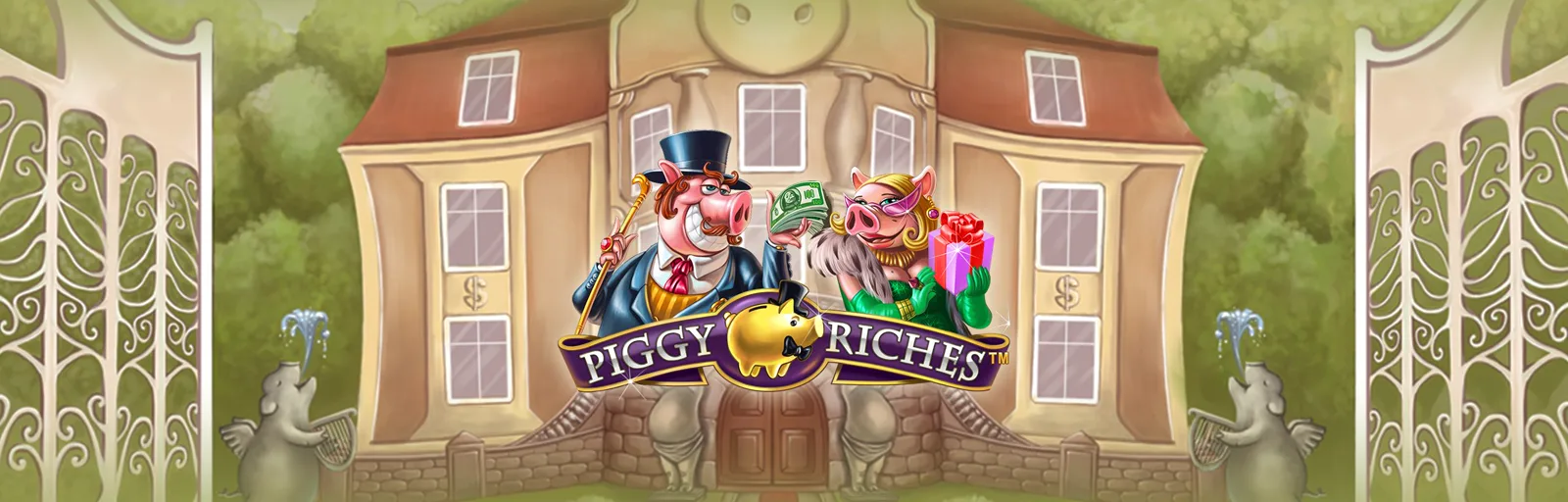 Piggy Riches slot artwork: official NetEnt still of the 5×3 piggy-bank grid