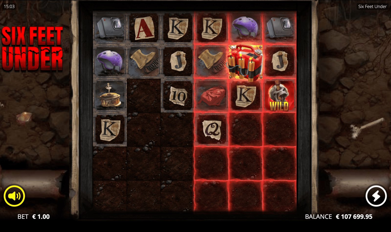 Official Nolimit City Six Feet Under screenshot: a Gasoline Bomb lighting up three columns of the 6×6 grid