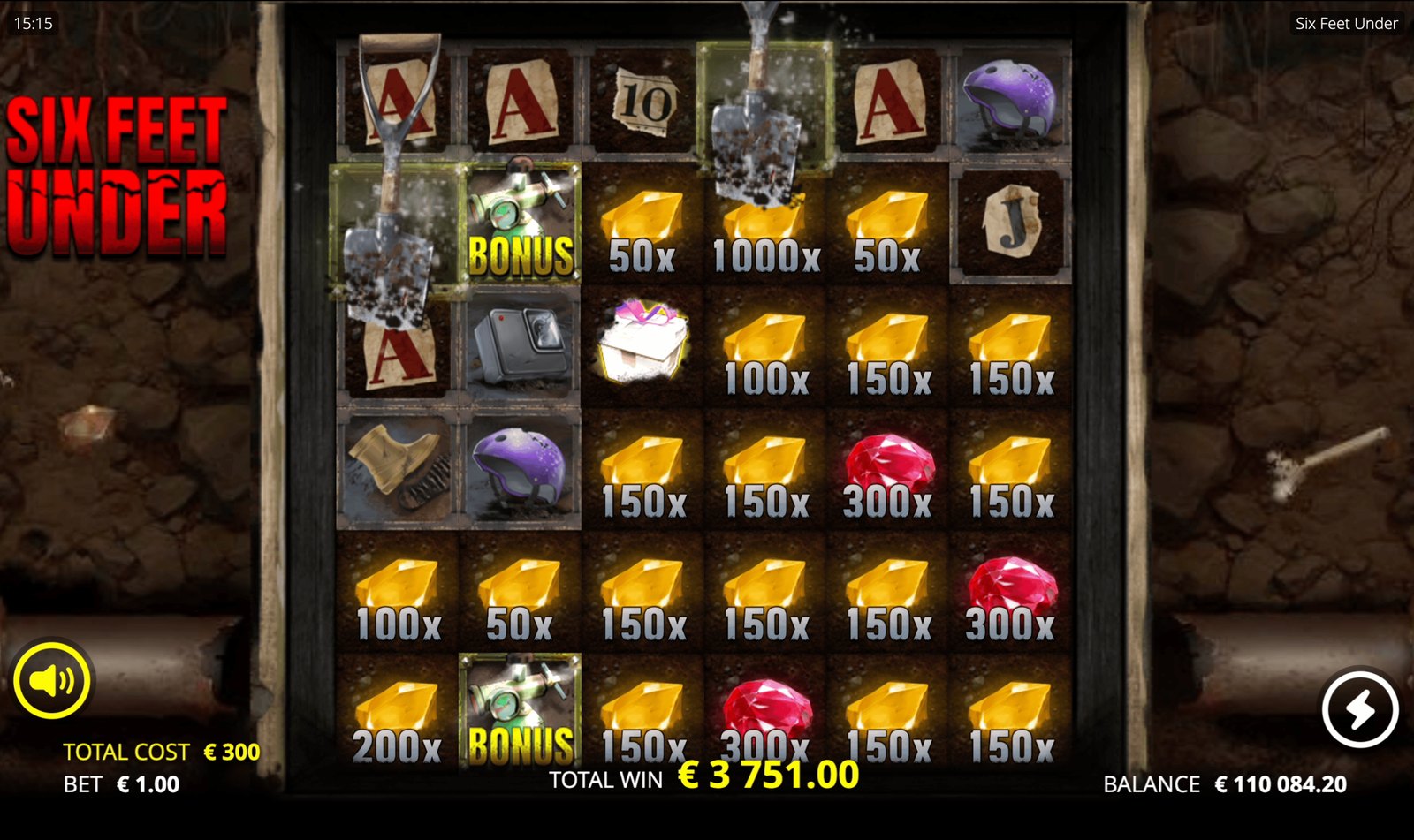 Official Nolimit City Six Feet Under screenshot of a Greedier Spin, with Gems on the dirt positions