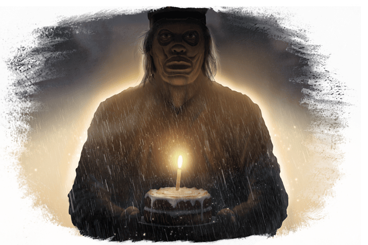 Official Nolimit City Six Feet Under Happy Birthday artwork: a hooded figure holding a birthday cake in the rain