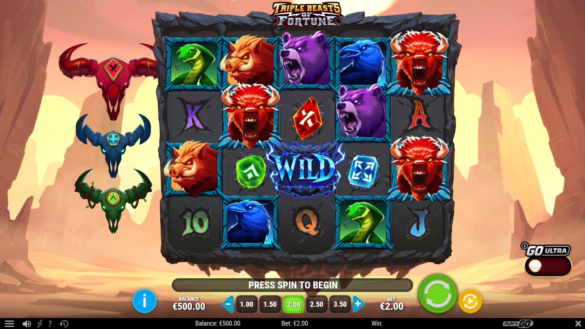 Grand Canyon stampede on the official Play’n GO Triple Beasts of Fortune desktop key art