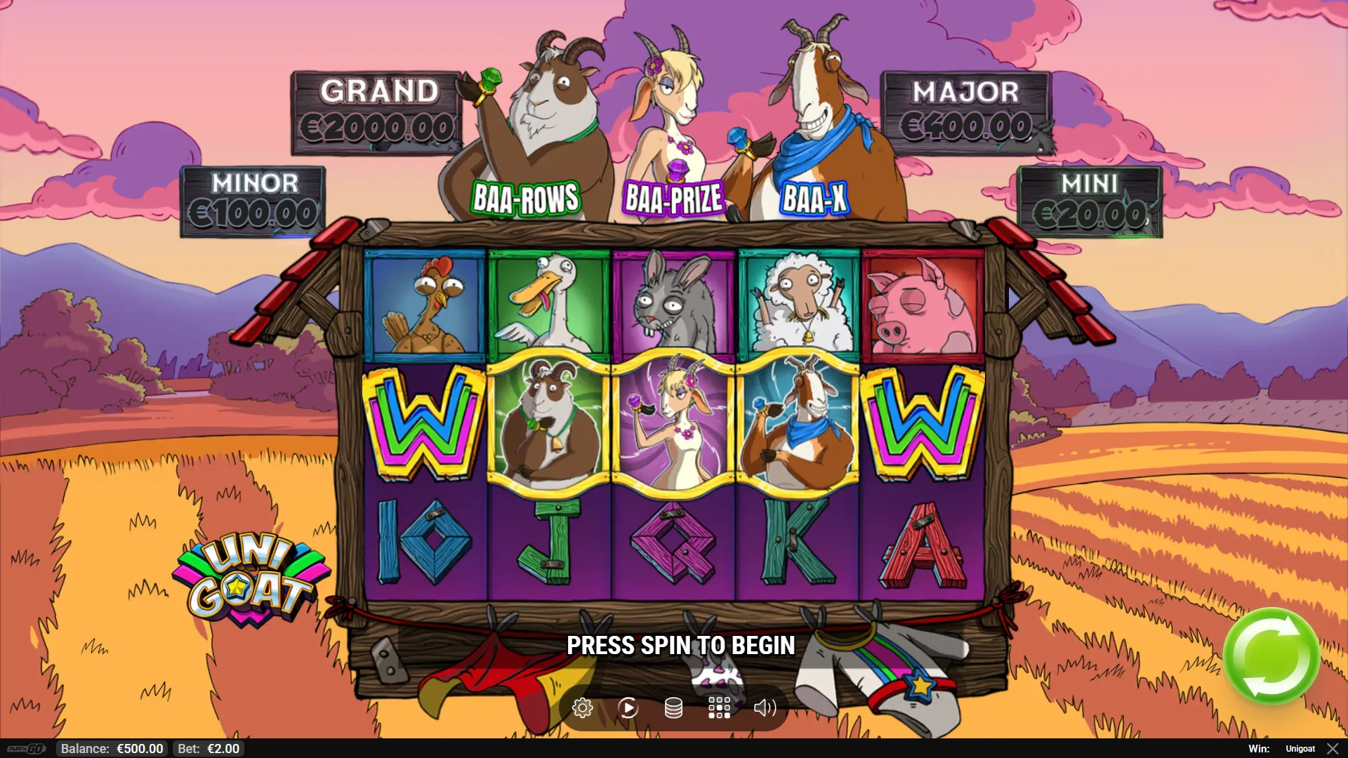 Unigoat slot artwork: desktop reel screen in a barn frame, three named goats, Unigoat title, and farm picture symbols