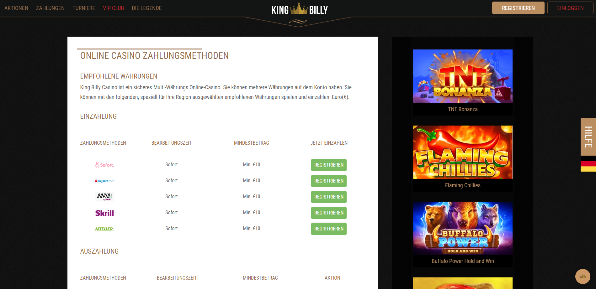 King Billy Casino Zahlungsmethoden