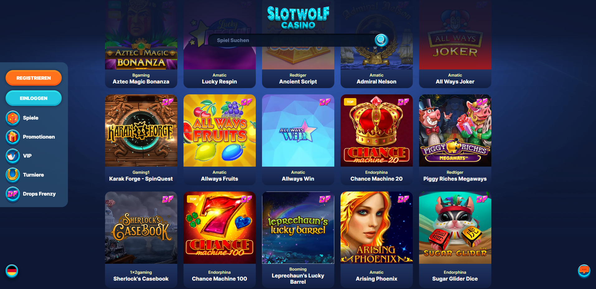Slot Wolf Casino Spielauswahl
